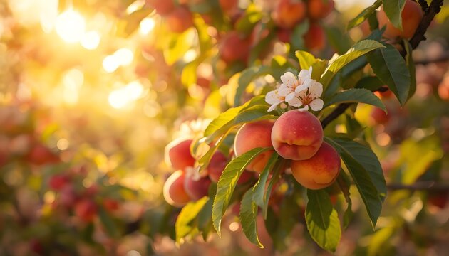 Peach Tree Branches with Ripe Peaches and White Blossoms in Warm Golden Sunlight, Beautiful Spring Fruit Orchard Nature Background