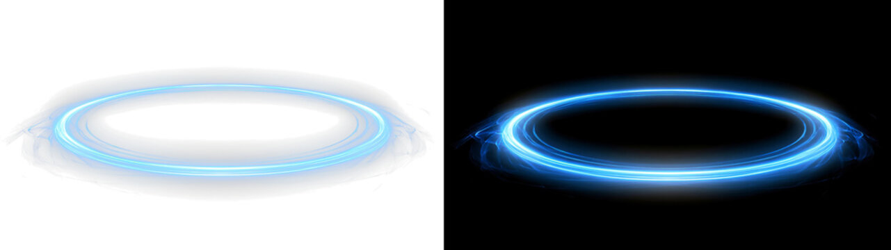 Glowing neon blue light ring ellipse oval dinamic motion effect, overlay texture, isolated on transparent and black background