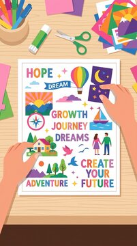 Hands arranging colorful stickers and cutouts on a paper sheet. This vision board represents self-discovery, goals, and personal growth. Ideal for wellness and manifestation blogs.