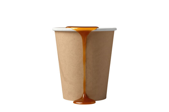 Kraft paper cup overflowing with glossy amber syrup