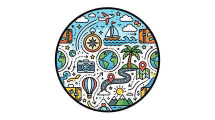Naklejka premium A colorful travel adventure illustration for a perfect vacation and tourism exploration featuring a plane, compass, camera, and world globe icons.