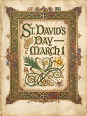 Naklejka premium St. Davids Day illuminated manuscript poster with ornate Celtic knot border, daffodil, leek and Welsh symbolism for cultural celebration and heritage design