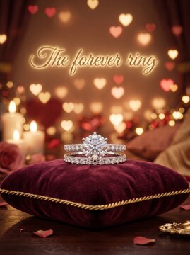 Diamond engagement ring and wedding band on velvet cushion with glowing hearts and candlelight. Forever love, marriage proposal, wedding, and romantic celebration concept.