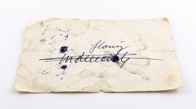 Aged cream paper features indigo ink handwriting with strikethroughs and stains. It evokes raw self-reflection and personal growth through journaling. Ideal for historical or creative projects.