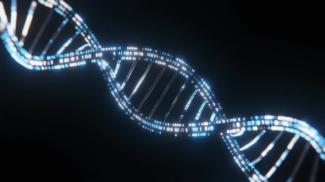 Digital DNA Double Helix Animation Featuring Glowing Binary Code Data Particles for Genetic Research and Biotechnology