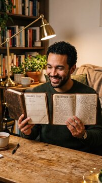 A man holds two journals comparing the start and end of the year. Warm lighting creates a reflective and nostalgic atmosphere. Perfect for personal growth and mental health content.