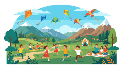 Fototapeta premium Joyful Children Flying Kites in Scenic Mountain Park Picnic Festival