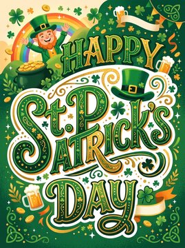 St. Patricks Day celebration illustration with cheerful leprechaun, rainbow, shamrock, gold coins, beer mug, festive typography and decorative Irish symbols