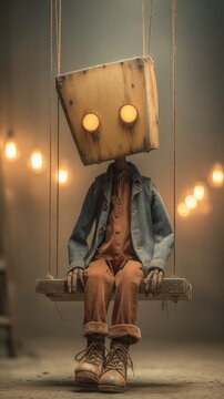 Small puppet doll sitting on a swing with a box on it
