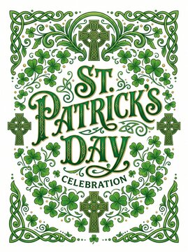 St. Patrick?s Day celebration greeting design with Celtic cross, shamrock, ornate knotwork border and decorative lettering for Irish holiday card and festive poster