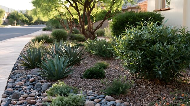 A low water xeriscape garden with succulents  shrubs  and rocks borders a residential sidewalk under soft morning light