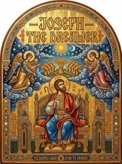 Fototapeta premium Decorative religious icon depicting Joseph the dreamer seated on a throne with angels, wheat sheaves, stars, sun, moon, and ornate Byzantine-inspired sacred artwork