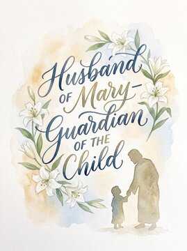 Watercolor illustration with floral wreath, mother and child silhouette, and handwritten tribute celebrating a husband, married guardian, and protector for family appreciation card design
