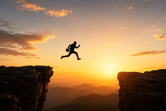 Silhouette of a man jumping across a gap between two mountain cliffs at sunset