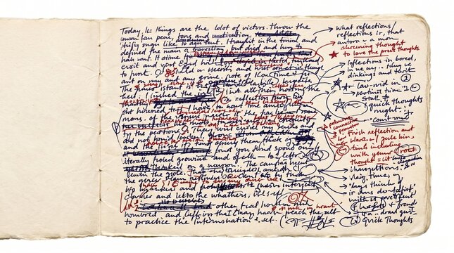 Open notebook page filled with handwritten text, strikethroughs, and red ink notes. Represents raw self-reflection and unfiltered thoughts. Perfect for mental health or creative projects.