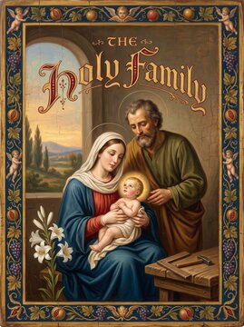 Holy Family with woman, man, and baby Jesus in an ornate religious painting. Christian faith, nativity devotion, sacred art, church decoration, and Christmas tradition.