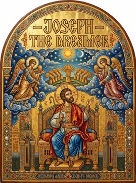 Decorative religious icon depicting Joseph the dreamer seated on a throne with angels, wheat sheaves, stars, sun, moon, and ornate Byzantine-inspired sacred artwork