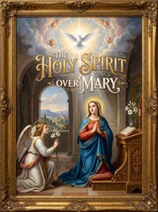 Fototapeta premium Religious painting depicting the Virgin Mary kneeling before an angel beneath a radiant dove, surrounded by cherubs, sacred architecture, flowers, and an ornate gold frame