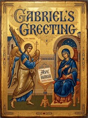 Naklejka premium Annunciation icon depicting angel Gabriel visiting the Virgin Mary. Byzantine Christian religious artwork with ornate gold border, sacred scripture, prayer and church tradition.