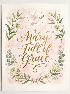 Watercolor Easter greeting card with dove, lilies, floral border, cross, and inspirational calligraphy about grace and gratitude. Religious celebration design.