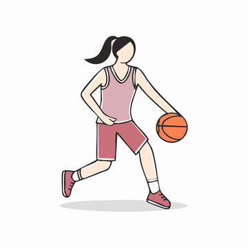 A minimal vector illustration of a female athlete dribbling a basketball in a sporty uniform