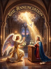 Fototapeta premium Archangel Gabriel announcing the conception of Jesus to woman Mary inside a candlelit church. Biblical Annunciation scene with dove, angel, stained glass, prayer and divine light.