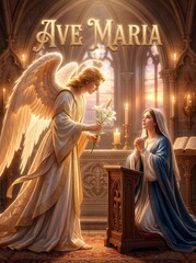 Fototapeta premium Angel presenting lilies to praying woman in cathedral. Biblical Annunciation scene with sacred architecture, candlelight, faith, humility, and religious Christmas concept.