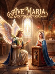 Fototapeta premium Angel Gabriel announcing the birth of Jesus to the praying Virgin Mary inside a candlelit church. Biblical annunciation scene for Christian religious art and Christmas illustration