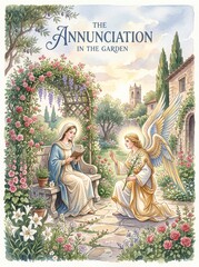 Fototapeta premium Watercolor illustration of the Annunciation with a woman and angel meeting in a flower garden. Religious scene with roses, olive tree, village church and heavenly symbolism.
