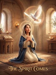 Naklejka premium Praying woman kneeling in a candlelit chapel beneath a glowing dove. Christian faith, divine inspiration, spiritual hope, and religious devotion concept.
