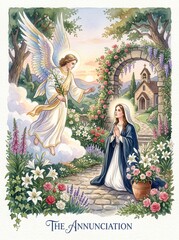 Fototapeta premium Angel announcing to praying woman in flower garden beside a church. Religious illustration of the Annunciation with Mary, sacred faith, spring nature, and devotional Christian symbolism.
