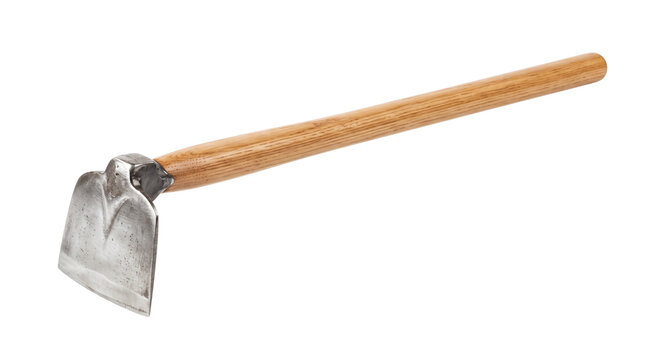 Metal garden hoe with wooden handle on transparent background