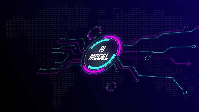 Processing an advanced AI model displayed on a futuristic technology interface screen with animated data icons.