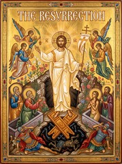 Naklejka premium Byzantine icon of Jesus Christ rising from the dead with angels, saints, flowers, and defeated death. Christian Resurrection and Easter religious artwork.