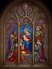 Naklejka premium Ornate stained glass window depicting the nativity with Mary, baby Jesus, Joseph, angels, and visiting kings. Christian church artwork symbolizing faith, Christmas, and biblical history.