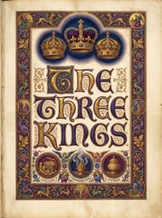 Naklejka premium Ornate Christian illuminated manuscript depicting three crowns and the gifts of the Magi, gold, frankincense, and myrrh, with angels, animals, and decorative medieval border