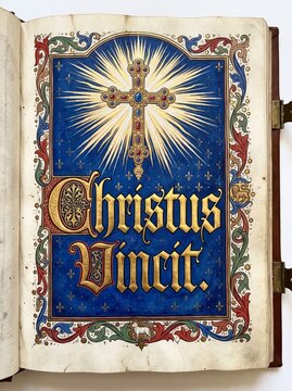 Illuminated medieval Bible page with jeweled cross and radiant golden rays. Ornate religious manuscript design representing Christian faith, sacred scripture, heritage, and devotion.