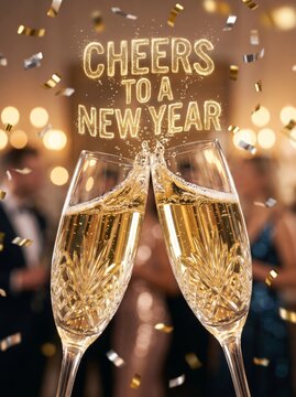 Clinking champagne glasses with sparkling splash and confetti. Cheers to New Year celebration with festive bokeh and illuminated greeting message.