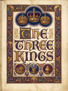 Ornate Christian illuminated manuscript depicting three crowns and the gifts of the Magi, gold, frankincense, and myrrh, with angels, animals, and decorative medieval border