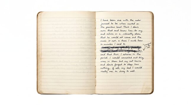 Open vintage notebook with handwritten ink text and strikethroughs. Raw self-reflection and uncensored thoughts in an intimate, nostalgic mood. Use for storytelling or mental health blogs.