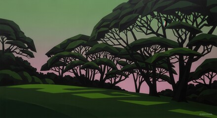 Fototapeta premium Stylized African Savanna Landscape Painting With Acacia Trees At Dusk