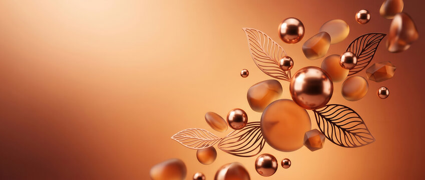 Composizione astratta color rame con sfere e foglie decorative. Generative AI