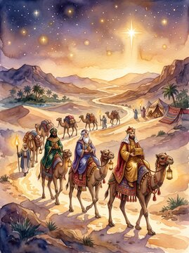 Three wise men riding camels through a desert landscape under a starry sky. Biblical nativity journey and Christmas story illustration in watercolor style.