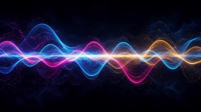Abstract neon sound waves visualization, glowing futuristic audio frequency background concept