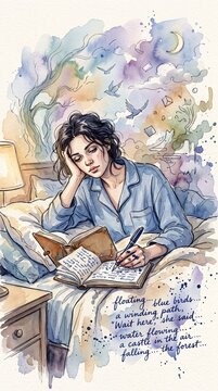 A woman writes in her diary while sitting in bed. The scene blends reality with a dreamlike watercolor landscape showing her thoughts. Ideal for mental health or creative writing content.
