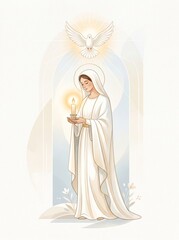 Naklejka premium Woman in white robe holding a lit candle beneath a descending dove. Christian faith, prayer, peace, spiritual devotion, and religious ceremony concept in elegant sacred illustration.