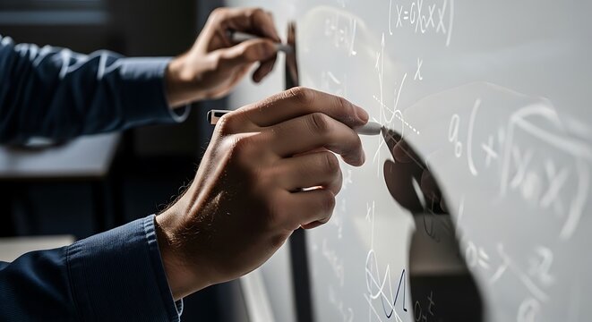 Professor's Hand Writing Complex Mathematical Formulas on a Whiteboard