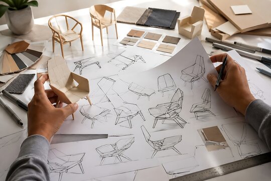 Designer working on modern chair prototypes with sketches and scale models on a table