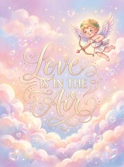 Naklejka premium Whimsical cupid flying through pastel clouds with bow and arrow. Love is in the air lettering for Valentine greeting card, romantic celebration, and fantasy design.
