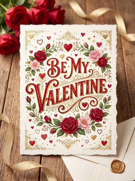 Romantic Valentines Day greeting card with ornate floral rose design, hearts, ribbon, envelope and wax seal on rustic wooden table. Elegant love message concept for celebration